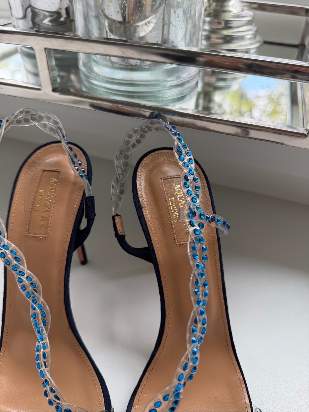 Aquazzura Navy Blue Crystal-Embellished Open-Toe Heels - Picture 3 of 7